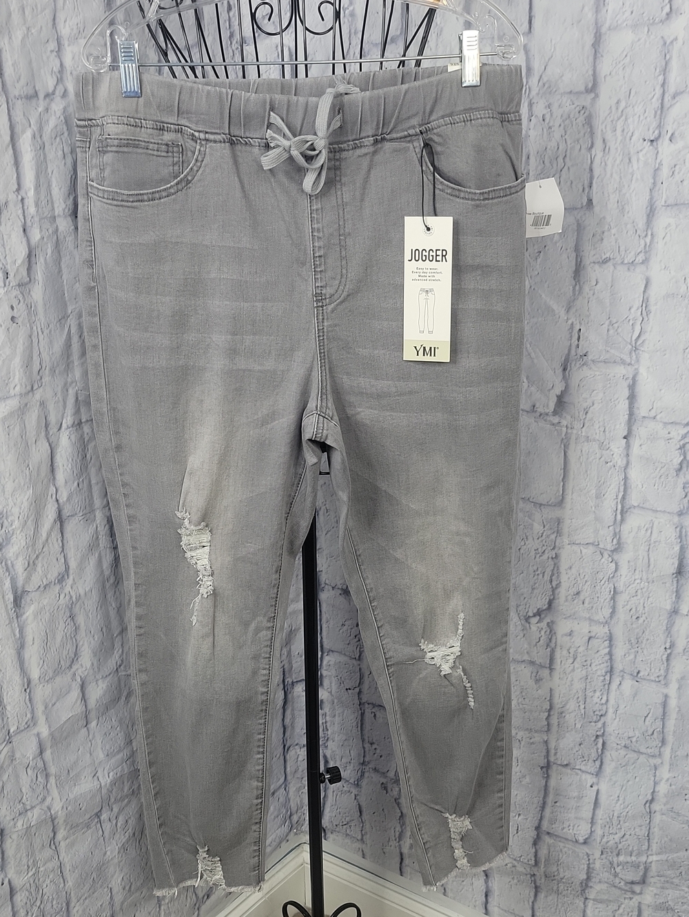 YMI Distressed Denim Joggers NWT Gray Drawstring Jeans Size XL
